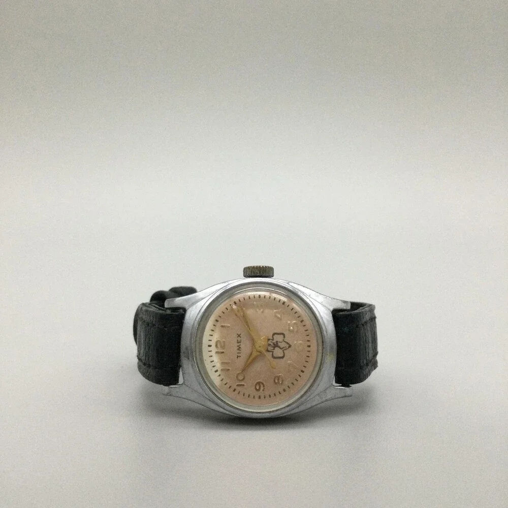 Vintage Timex Girls Scouts Watch 23mm Cream Dial Black Leather Manual Wind